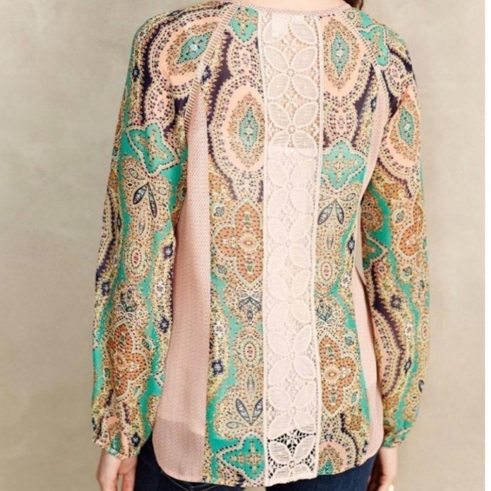 Anthropologie Meadow Rue Giada Peasant Floral Crochet Sheer Boho Blouse Size L - Picture 2 of 2